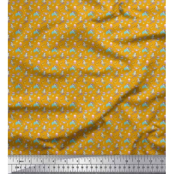 Soimoi Gold Heavy Canvas Fabric Mermaid & Dolphin Ocean Print Fabric by the Yard 58 Inch Wide