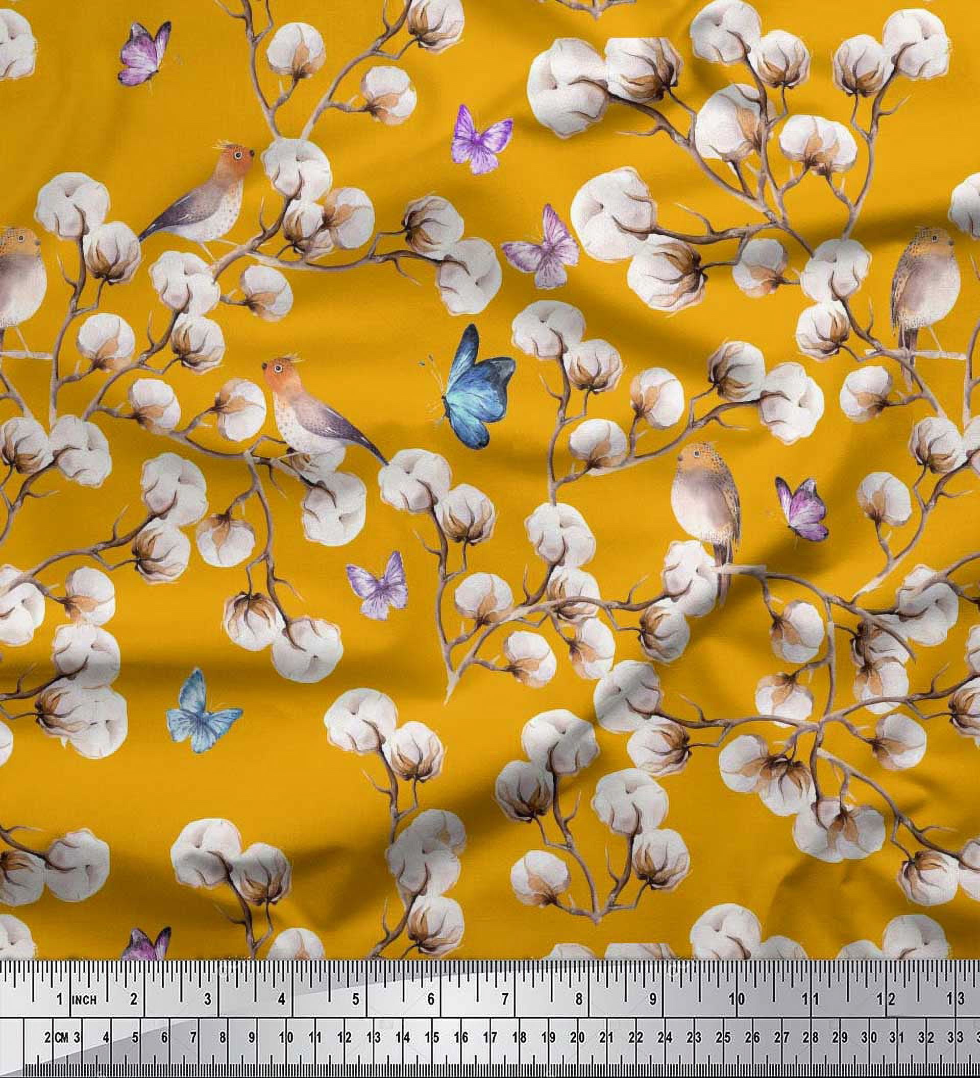 Poly Robi Soimoi Gold Poly Georgette Fabric Butterfly,Robin & Cotton Ball Floral ...