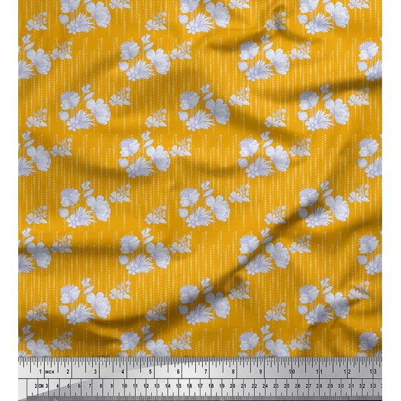 Soimoi Gold Rayon Crepe Fabric Artistic Flower & Dots Printed Fabric 1 Yard 46 Inch Wide