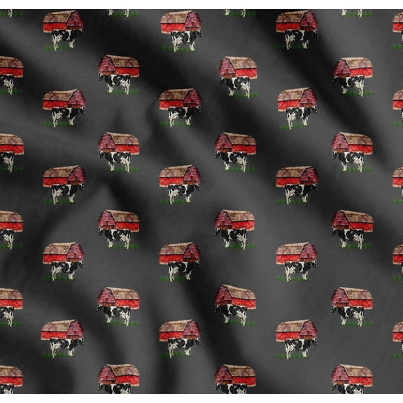 Soimoi Gray Cotton Cambric Fabric Barn & Cow Farm Print Fabric by the Yard 42 Inch Wide