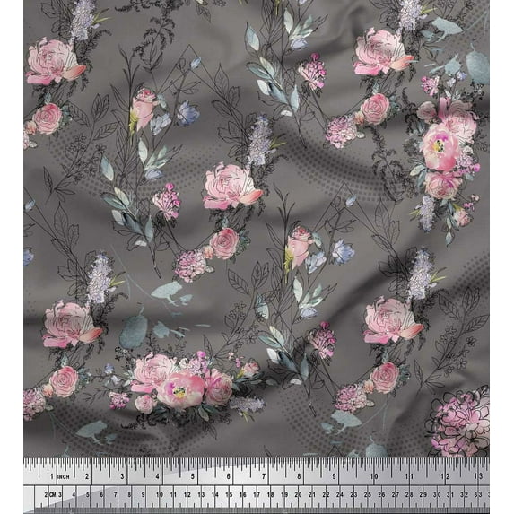 Soimoi Gray Cotton Cambric Fabric Blossom & Peony Floral Print Fabric by Yard 42 Inch Wide