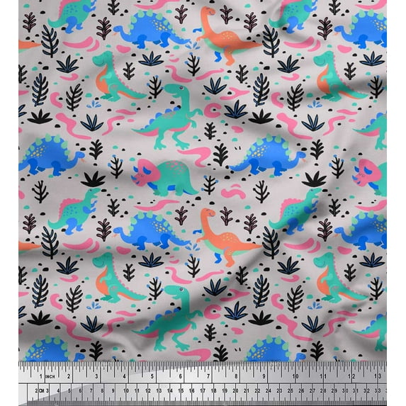 Soimoi Gray Cotton Cambric Fabric Dinosaurs & Leaves Kids Print Fabric by Yard 56 Inch Wide