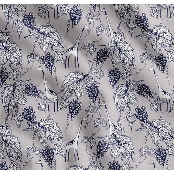 Soimoi Gray Cotton Cambric Fabric Leaves,Grapes & Giraffe Animal Print Fabric by Yard 56 Inch Wide