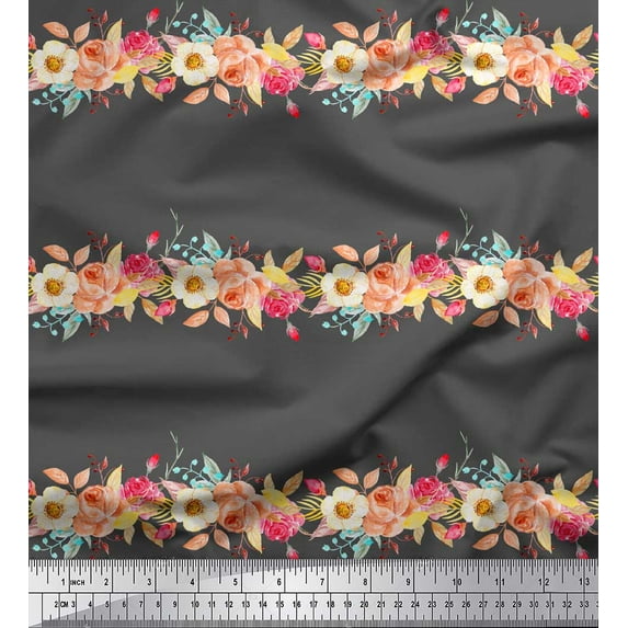 Soimoi Gray Cotton Cambric Fabric Leaves & Rose Floral Print Fabric by the Yard 56 Inch Wide