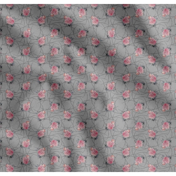 Soimoi Gray Cotton Cambric Fabric Peach Rose Watercolor Decor Fabric Printed BTY 42 Inch Wide