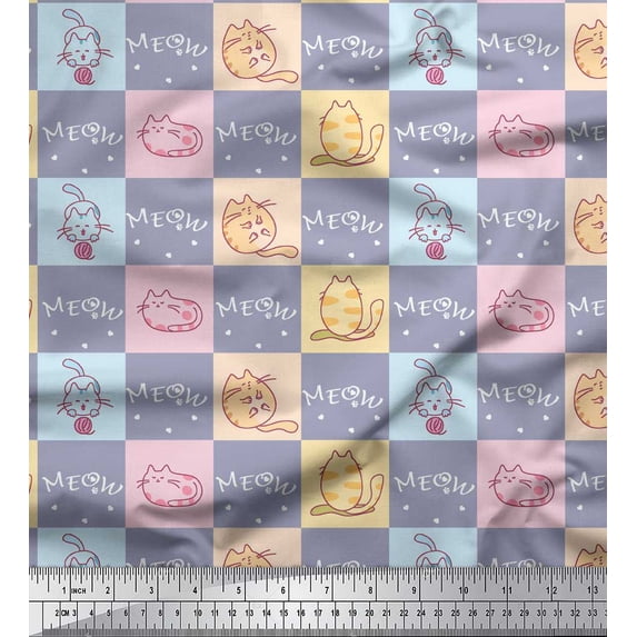 Soimoi Gray Cotton Cambric Fabric Text & Cat Animal Print Sewing Fabric Yard 56 Inch Wide