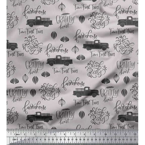 Soimoi Gray Cotton Duck Fabric Cartruck & Farmhouse Text Printed Fabric 1 Yard 42 Inch Wide