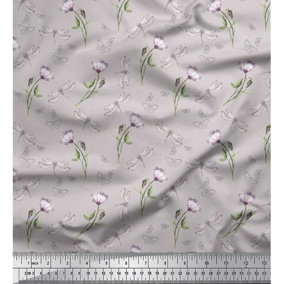 Soimoi Gray Cotton Duck Fabric Dragonfly & Floral Print Fabric by the Yard 56 Inch Wide