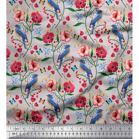 Soimoi Gray Cotton Duck Fabric Insect,Floral & Bluebird Bird Print Fabric by The Yard 56 Inch Wide