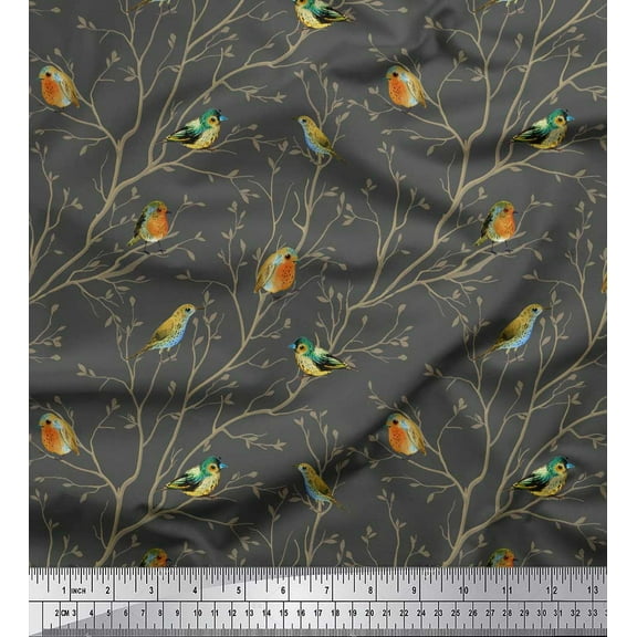 Soimoi Gray Cotton Duck Fabric Leaves & Flowerpecker Bird Print Sewing Fabric Yard 44 Inch Wide