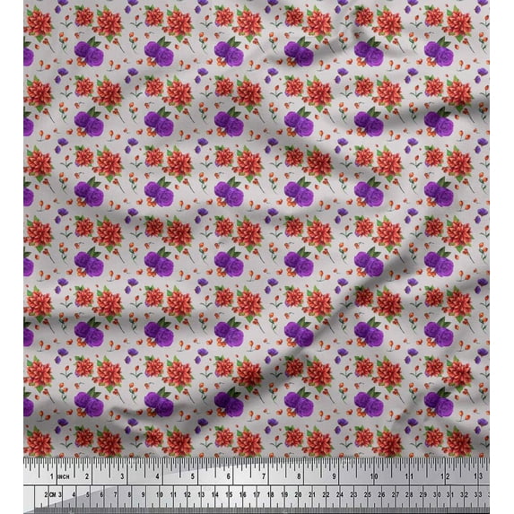 Soimoi Gray Cotton Duck Fabric Ranunculus & Chrysanthemum Floral Print Fabric by Yard 42 Inch Wide