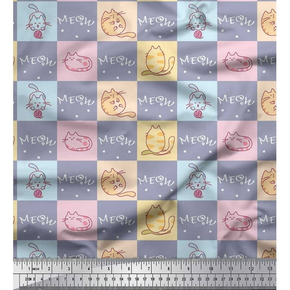 Soimoi Gray Cotton Duck Fabric Text & Cat Animal Fabric Prints By Yard 42 Inch Wide