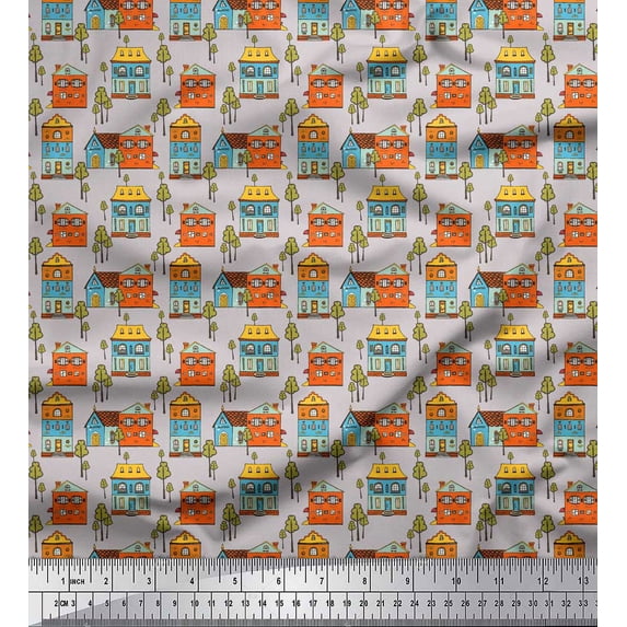 Soimoi Gray Cotton Duck Fabric Tree & House Architectural Printed Fabric 1 Yard 42 Inch Wide
