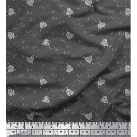 Soimoi Gray Cotton Jersey Fabric Heart & Love Text Print Fabric by the Yard 58 Inch Wide