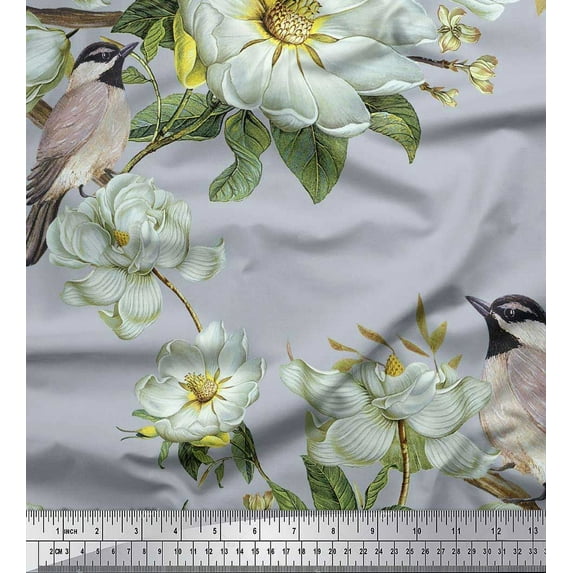 Soimoi Gray Cotton Jersey Fabric Leaves,White Floral & Bird Printed Fabric 1 Yard 58 Inch Wide