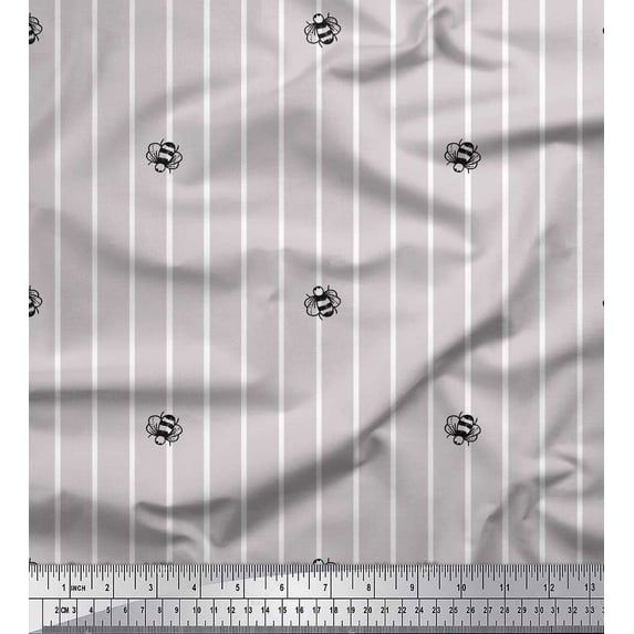 Soimoi Gray Cotton Poplin Fabric Bee & Stripe Print Fabric by the Yard 56 Inch Wide