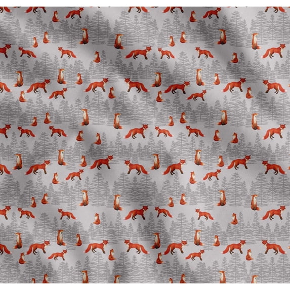 Soimoi Gray Cotton Poplin Fabric Cedar Tree & Fox Animal Print Fabric by Yard 56 Inch Wide