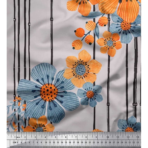 Soimoi Gray Cotton Poplin Fabric Leaves,Stripe & Floral Print Sewing Fabric BTY 42 Inch Wide