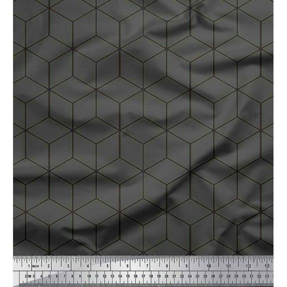 Soimoi Gray Cotton Poplin Fabric Maze Cube Geometric Printed Fabric 1 Yard 56 Inch Wide