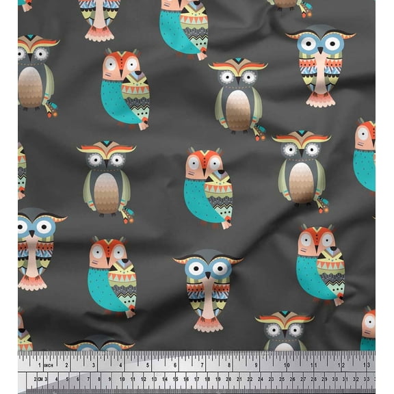 Soimoi Gray Cotton Poplin Fabric Owl Tribal Printed Fabric 1 Yard 42 Inch Wide