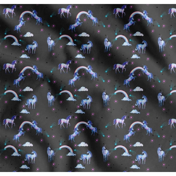 Soimoi Gray Cotton Poplin Fabric Unicorn & Rainbow Nature Print Sewing Fabric Yard 56 Inch Wide