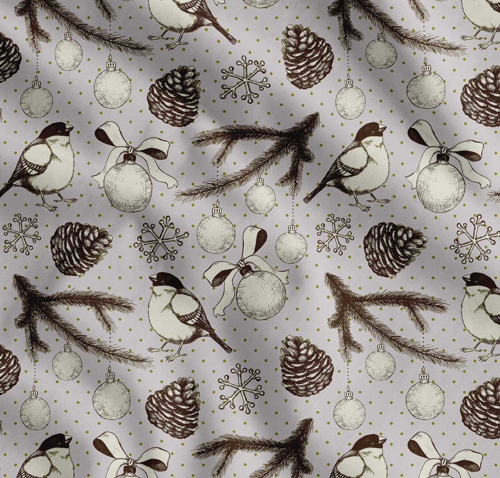 Soimoi Gray Cotton Voile Fabric American Robin & Baubles Christmas Printed Fabric 1 Yard 56 Inch Wide