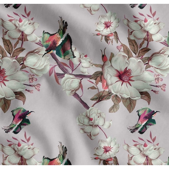 Soimoi Gray Cotton Voile Fabric Floral & Bird Printed Fabric 1 Yard 58 Inch Wide