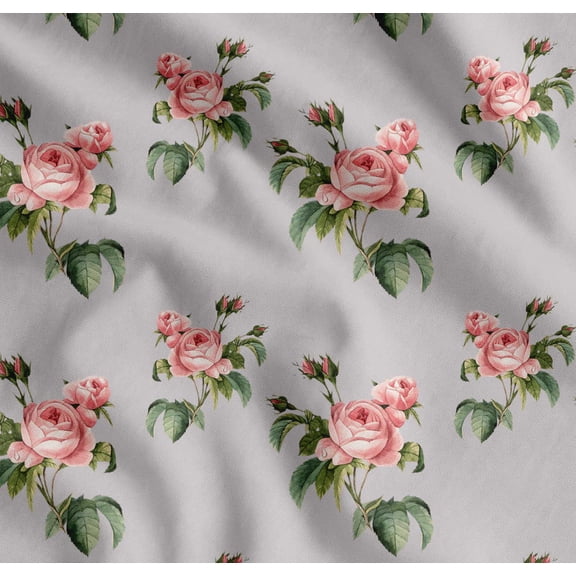 Soimoi Gray Cotton Voile Fabric Leaves & Rose Floral Fabric Prints By Yard 42 Inch Wide