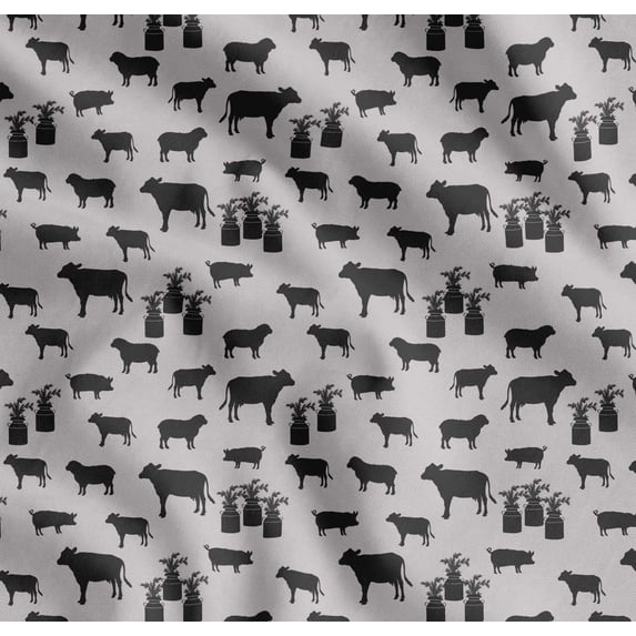 Soimoi Gray Cotton Voile Fabric Stencil Cow & Pig Animal Fabric Prints By Yard 42 Inch Wide