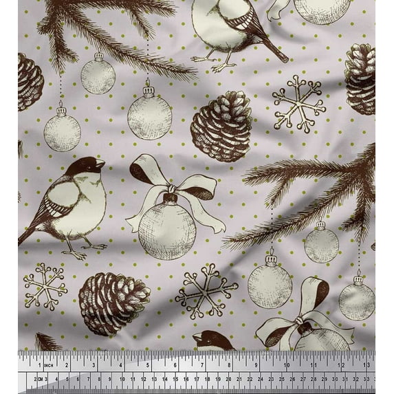 Soimoi Gray Georgette Viscose Fabric American Robin, & Baubles Christmas Printed Craft Fabric by The Yard 42 Inch Wide
