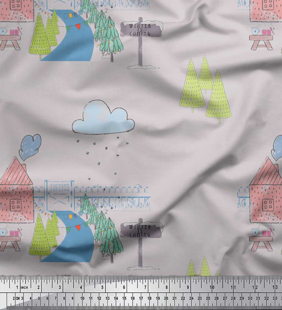 Soimoi Gray Heavy Satin Fabric Clouds & Tree Christmas Decor Fabric Printed Yard 54 Inch Wide