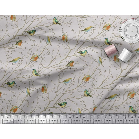 Soimoi Gray Heavy Satin Fabric Leaves & Flowerpecker Bird Print Fabric by Yard 56 Inch Wide