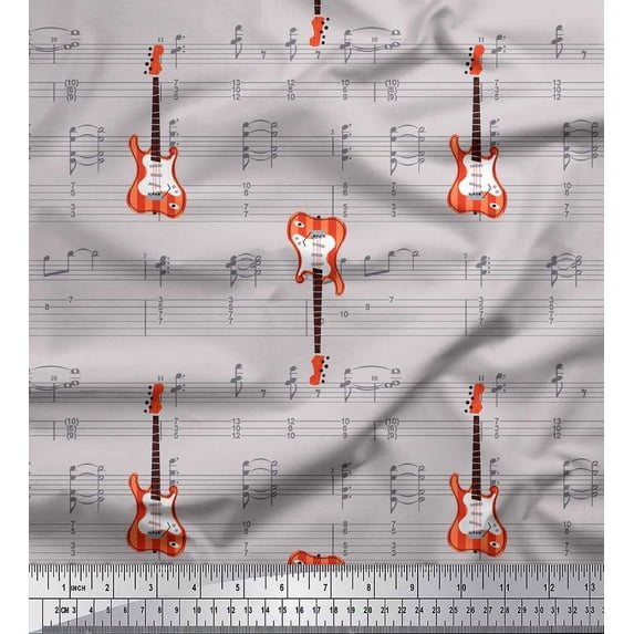 Soimoi Gray Heavy Satin Fabric Notes & Guitar Musical Instrument Fabric Prints By Yard 54 Inch Wide