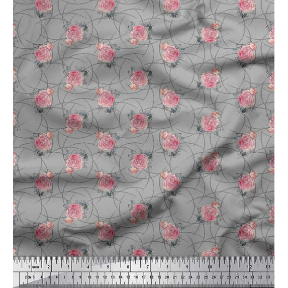 Soimoi Gray Japan Crepe Satin Fabric Peach Rose Watercolor Decor Fabric Printed BTY 44 Inch Wide