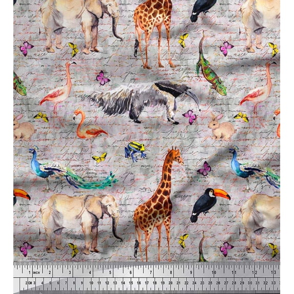 Soimoi Gray Moss Georgette Fabric Birds,Elephant & Giraffe Animal Print Fabric by Yard 42 Inch Wide