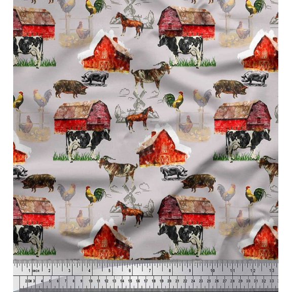 Soimoi Gray Poly Georgette Fabric Barn & Pet Animals Farm Print Sewing Fabric Yard 42 Inch Wide