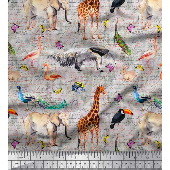 Soimoi Gray Poly Georgette Fabric Birds,Elephant & Giraffe Animal Print Fabric by Yard 52 Inch Wide