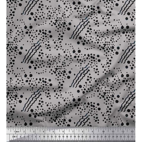 Soimoi Gray Poly Georgette Fabric Brush Stroke & Dots Abstract Print Fabric by the Yard 42 Inch Wide