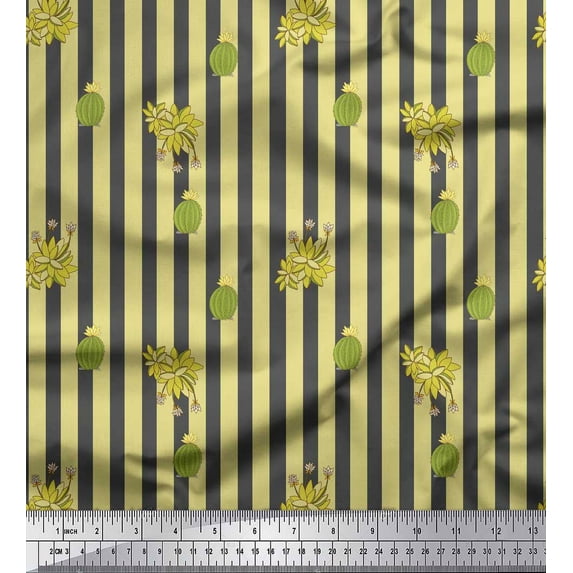 Soimoi Gray Poly Georgette Fabric Cactus & Stripe Print Fabric by the Yard 42 Inch Wide