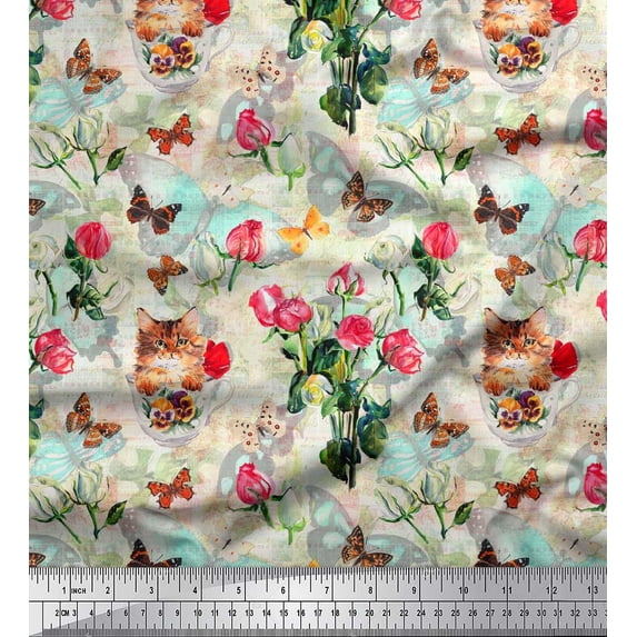 Soimoi Gray Poly Georgette Fabric Cat,Insect & Rose Buds Flower Print Fabric by The Yard 42 Inch Wide