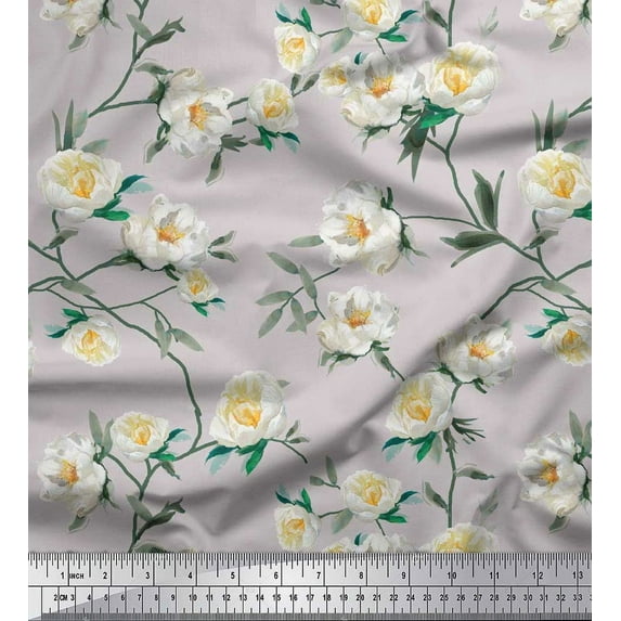 Soimoi Gray Poly Georgette Fabric Leaves & Magnolia Floral Printed Fabric 1 Yard 52 Inch Wide