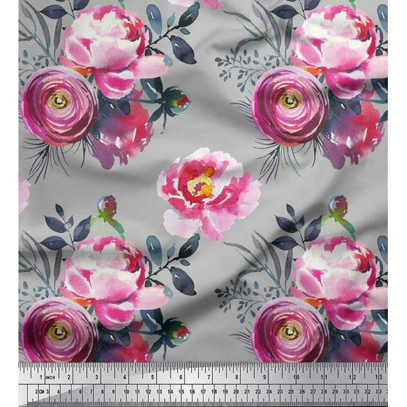 Soimoi Gray Poly Georgette Fabric Peony And Ranunculus Floral Print Fabric by Yard 42 Inch Wide