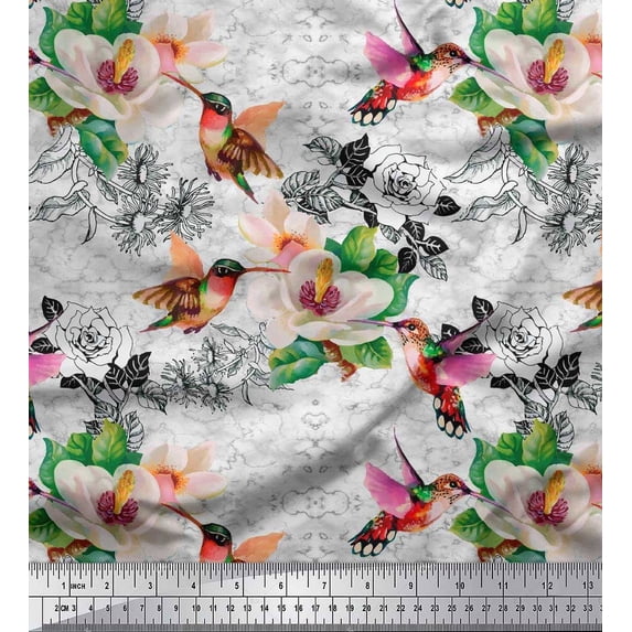 Soimoi Gray Polyester Crepe Fabric Leaves,Hummingbird & White Floral Print Sewing Fabric BTY 52 Inch Wide