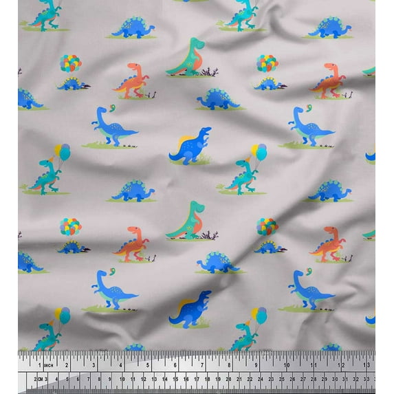 Soimoi Gray Rayon Crepe Fabric Balloon & Dinosaur Kids Decor Fabric Printed Yard 46 Inch Wide
