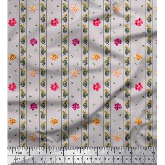 Soimoi Gray Rayon Crepe Fabric Leaves,Stripe & Pink Flower Stripe Decor Fabric Printed BTY 46 Inch Wide