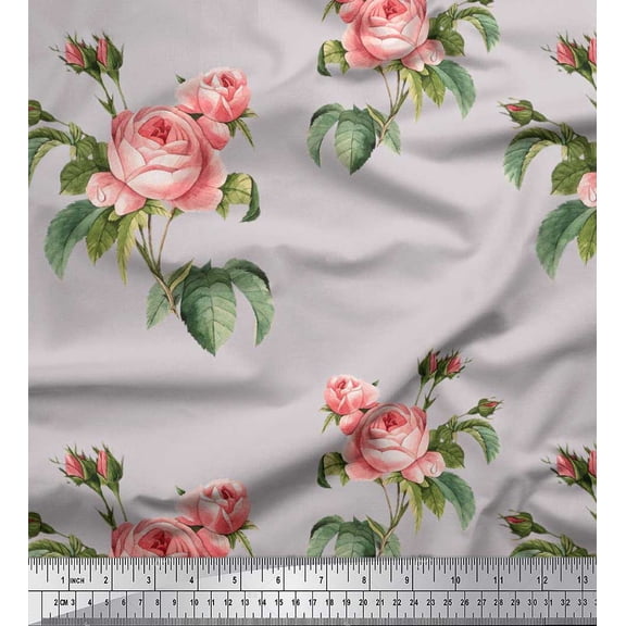 Soimoi Gray Rayon Fabric Leaves & Rose Floral Decor Fabric Printed Yard 42 Inch Wide