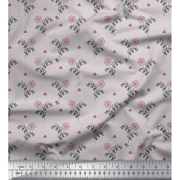 Soimoi Gray Silk Fabric Artistic Leaf & Floral Printed Fabric 1 Yard 42 Inch Wide