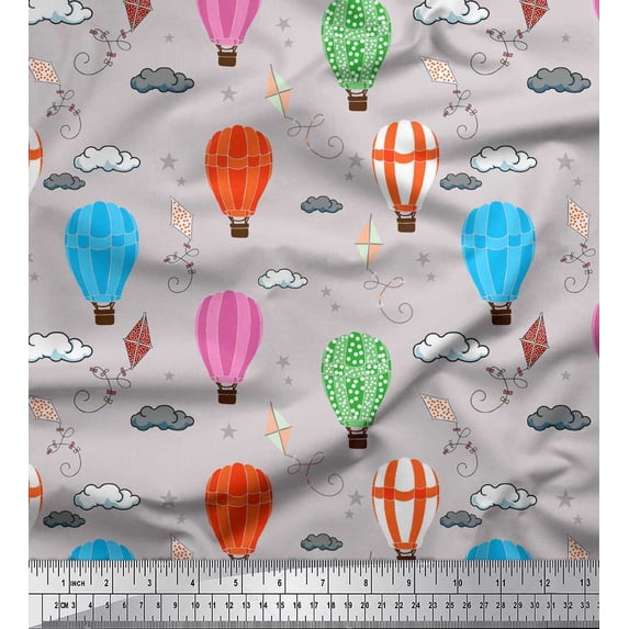 Soimoi Gray Silk Fabric Cloud & Hot Air Balloon Holiday Printed Fabric 1 Yard 42 Inch Wide
