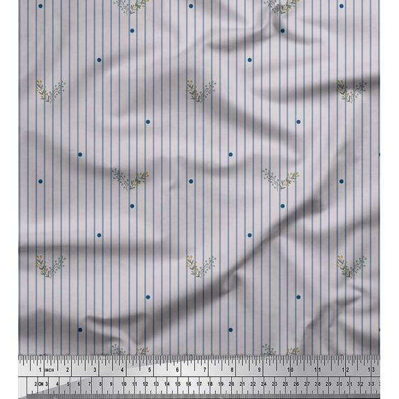 Soimoi Gray Silk Fabric Dot & Leaves Stripe Print Sewing Fabric Yard 42 Inch Wide