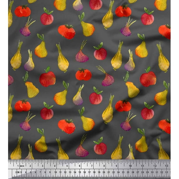Soimoi Gray Silk Fabric Fruits & Vegetable Print Sewing Fabric Yard 44 Inch Wide